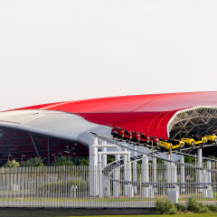 ABU DHABI, UNITED ARAB EMIRATES - DECEMBER 11: Ferrari World building details with roller coaster on December 11, 2013 in Abu Dhabi, United Arab Emirates. 