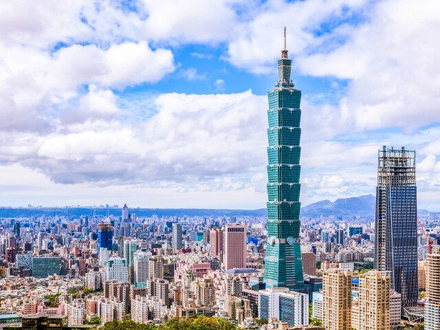 Aerial panorama over Downtown Taipei with Taipei 101 Skyscraper, capital city of Taiwan