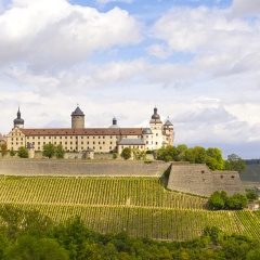 View to the old Marienberg Fortress, on the left bank of the Main River in Wuerzburg, in the Franconia region of Bavaria, Germany.  Built in Renaissance and Baroque between 16th and 18th centuries. 