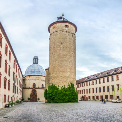 Panoramic view of the historic courtyard of famous fortress Marienberg in Wurzburg, region of Franconia, Northern Bavaria, Germany