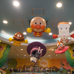 NAGOYA, Japan - November 18, 2017 Anpanman museum : statue of Anpanman, Shokupanman, Dokinchan, Currypanman, Rollpanna, horaaman, and Melonpanna hanging from the ceiling