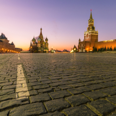 Red square, Moscow Kremlin, Saint Basil Cathedral and GUM trading house at dawn. Moscow Russia.