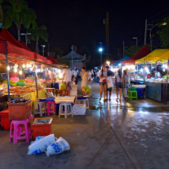 Patong, Thailand - October 14, 2014: Banzaan night food market is installed each evening on the parking lot of Banzaan Market and offers a lot of delicious street food.