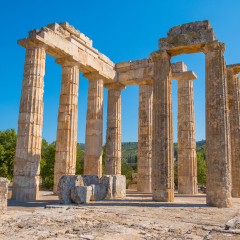 Temple of Zeus at archaeological site of Nemea in Greece. It was built around 330 BC to serve the needs of the Nemian festival and games. It has three architectural styles, doric, ionic and corinthian