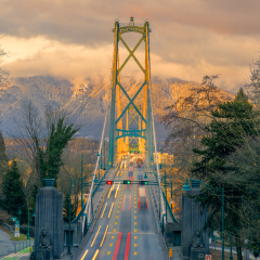 Lions Gate Bridge in sunset, Vancouver, BC, Canada
