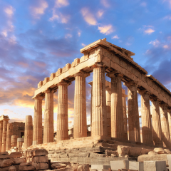Parthenon temple on a sinset. Acropolis in Athens, Greece, This picture is toned.