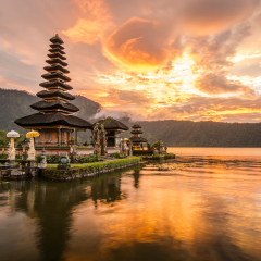 Pura Ulun Danu Bratan, Hindu temple on Bratan lake landscape, one of famous tourist attraction in Bali, Indonesia