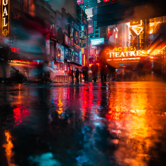 NEW YORK, USA - Apr 30, 2016: Lights and shadows of New York City. NYC streets after rain with reflections on wet asphalt. Silhouettes of people walking on the street