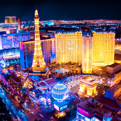LAS VEGAS, NEVADA - MAY 7: World famous Vegas Strip in Las Vegas, Nevada as seen at night on May 7, 2012. Stretching 4.2 miles, the Strip is home to the largest hotels and casinos in the world