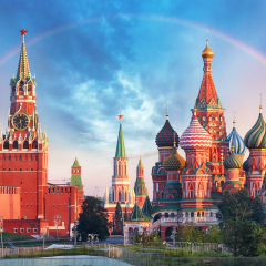 Moscow - Panoramic view of the Red Square with Moscow Kremlin and St Basil's Cathedral with rainbow