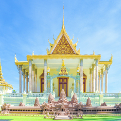 Phnom Penh tourist attraction and famouse landmark - Royal Palace ceremonial pagoda complex, Cambodia with blue sky background