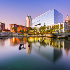 Providence, Rhode Island, USA skyline at Waterplace Park.