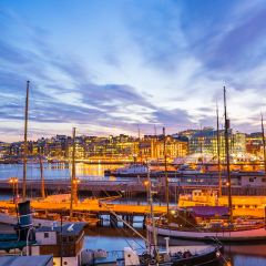 Port of Oslo city in Norway at night.
