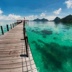 The majestic view of corals reef and islands seen from the jetty of Bohey Dulang Island, Sabah, Malaysia.