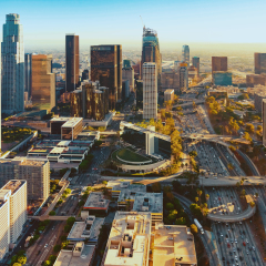 Aerial view of a Downtown Los Angeles at sunset