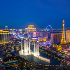 Las Vegas, USA - January 02, 2018: Illuminated view Bellagio Hotel fountains and Las Vegas strip