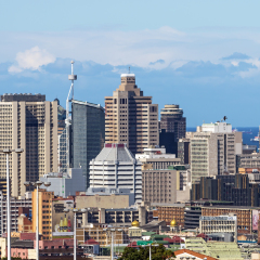 DURBAN, SOUTH AFRICA - APRIL 16, 2017: Above close up view of city and coastal skyline in Durban, South Africa