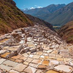 Landscape of the salt terraces of Maras in the Andes mountain range in the region of Cusco, Peru.