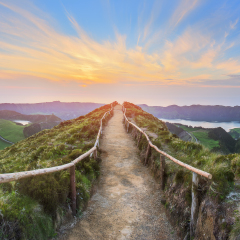 Mountain landscape with hiking trail and view of beautiful lakes, Ponta Delgada, Sao Miguel Island, Azores, Portugal.
