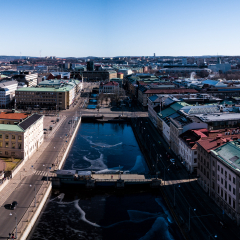 Aerial drone panorama photo - Big Harbour Canal and Christina Church. Gothenburg, Sweden
