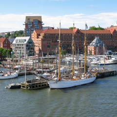 Jetties with sailboats and yachts along Gota Alv River in the harbour of Gothenburg, Sweden