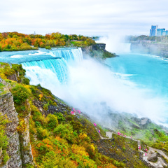 View of Niagara Falls from American side in autumn.