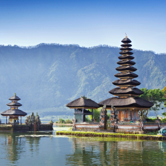 Pura Ulun Danu Bratan, or Pura Beratan Temple, Bali island, Indonesia. Pura Ulun Danu Bratan is a major Shivaite and water temple on Bali island, Indonesia.