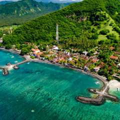 Aerial view of the beautiful bay in Candidasa Beach, Bali, Indonesia.