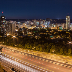 Twilight view of skyline and Jolley Cut from Hamilton, Ontario, Canada