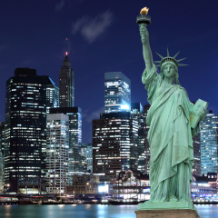 Manhattan Skyline and The Statue of Liberty at Night, New York City
