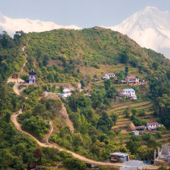 fields and mountains around Pokhara. Himalayas. Nepal

