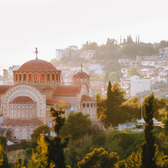 View of the Church St. Paul on top of the Thessaloniki city at sunset, Greece