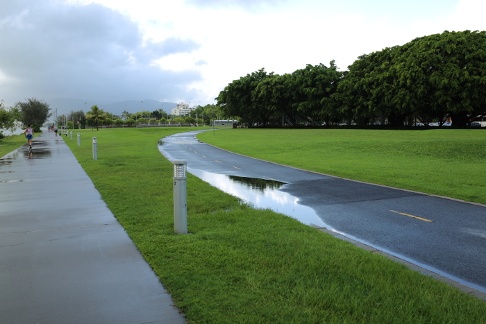 草坪踊路上的积水说明不久前下过雨.