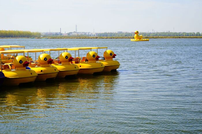 碧绿的湖水,中央大黄鸭吸引人们的目光,游船也是黄鸭模样,在碧水中荡