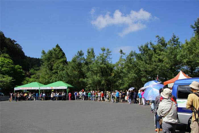 在阿里山游客集散中心,等待换乘景区交通进山的游客排起了长龙.