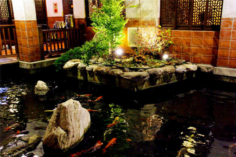 环绕着庭院的,还有一方鱼池,池中锦鲤悠闲漫游.